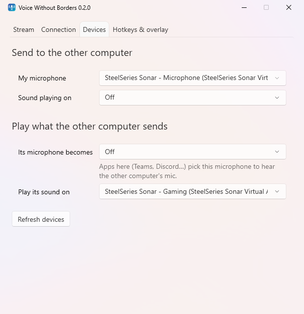 Devices tab: what to send and where to play