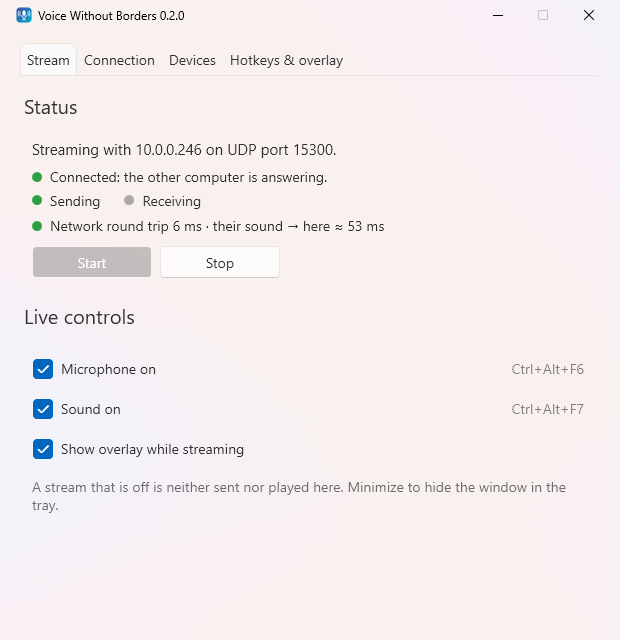 Stream tab: connected, sending, 6 ms round trip